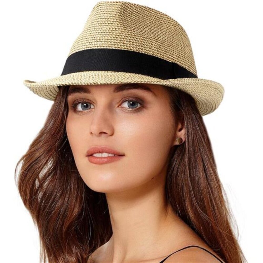 Womens Short Brim Straw Sun Hat Fedora Trilby Hat Panama Men Packable Beach Hats